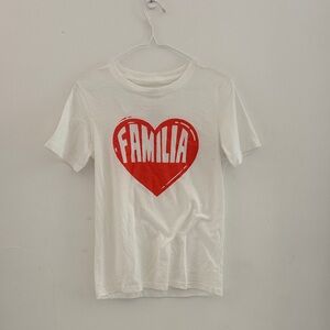Well Worn White Tee with coral Familia Heart Graphic